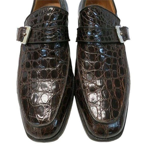 Vintage Hanover Exotic Alligator Monk Strap Loafers Brown Dress Shoes Italy 9C - Picture 1 of 12